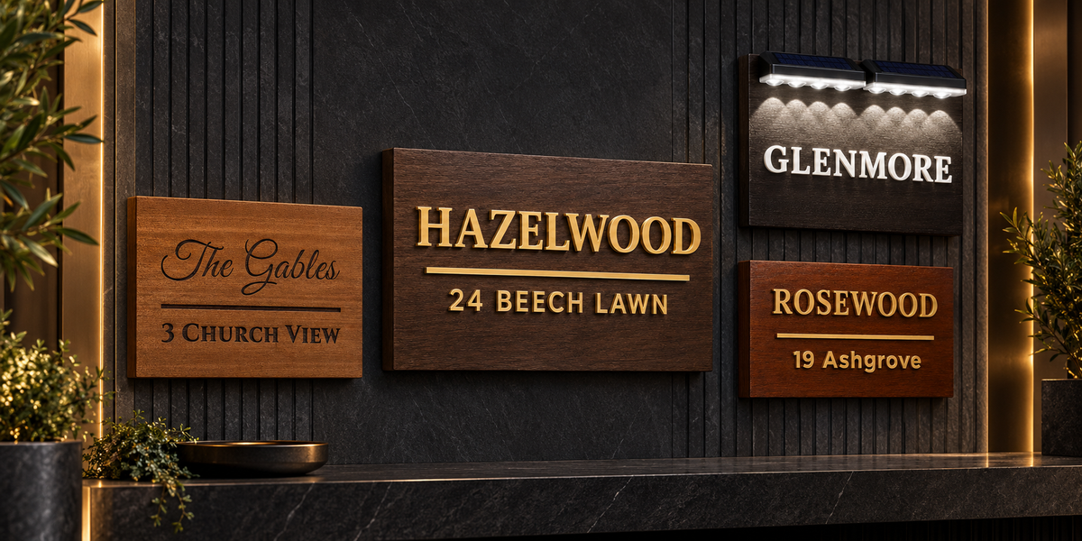 Personalised sapele wood house plaques handmade in Ireland