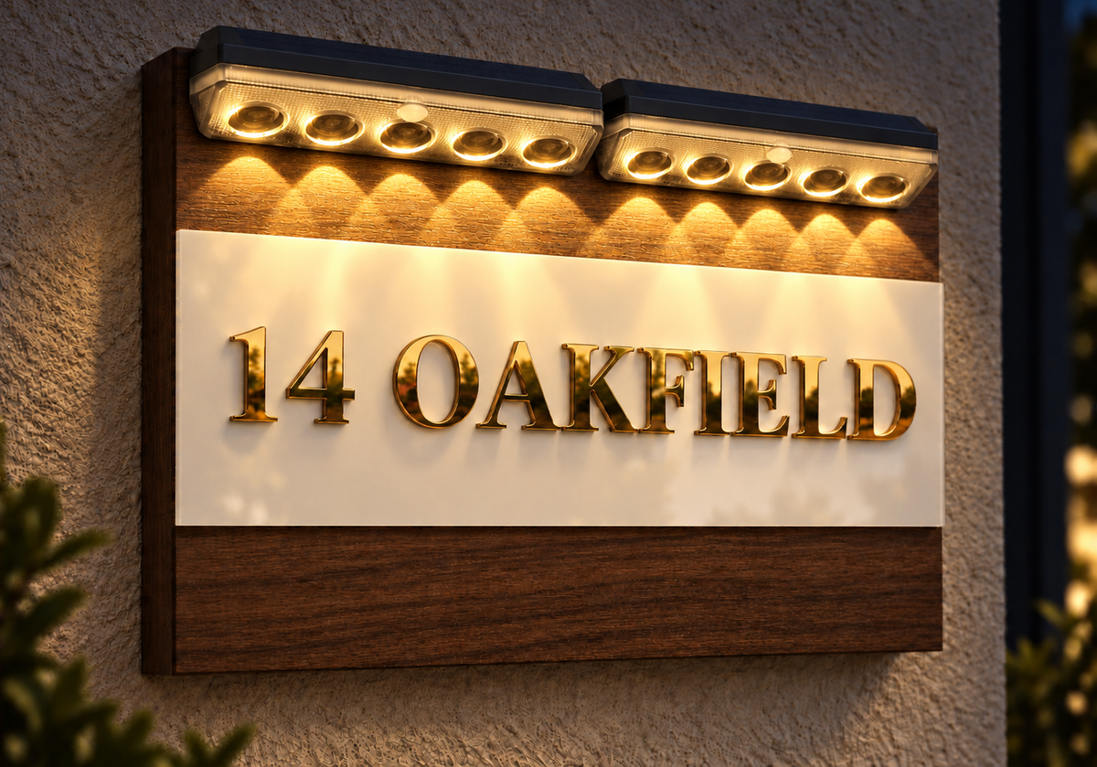 A custom outdoor house sign for '14 OAKFIELD' mounted on a textured beige wall. The sign features a white central panel with raised gold lettering, flanked by dark brown wood-grain borders, and illuminated by two rectangular LED light bars mounted at the top.lumorastudio.ie/lumora craft studio