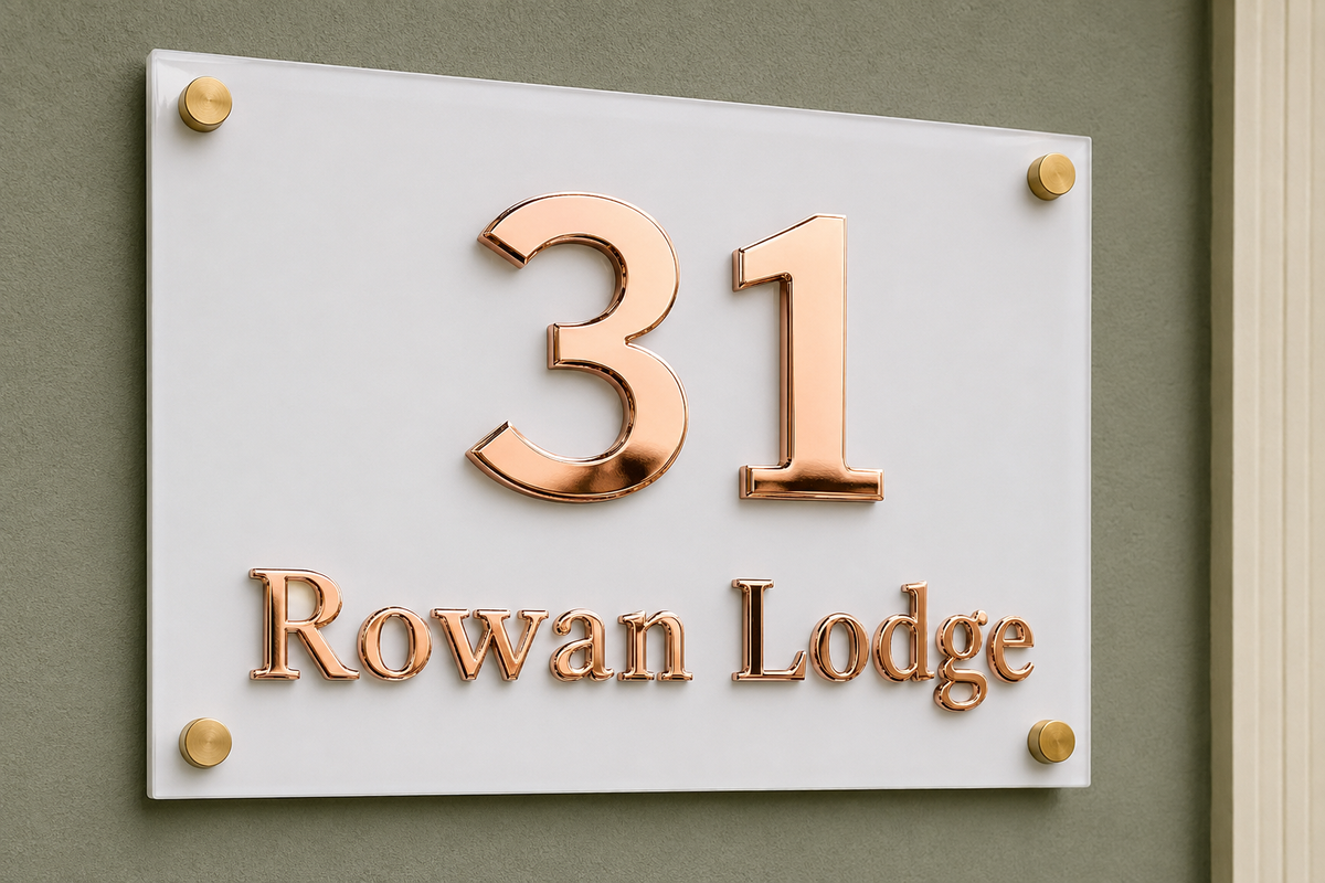 A rectangular white plaque mounted on a textured gray wall, featuring raised metallic copper-toned lettering that reads '31 Rowan Lodge' with four gold-toned corner screws.lumorastudio.ie lumora craft studio