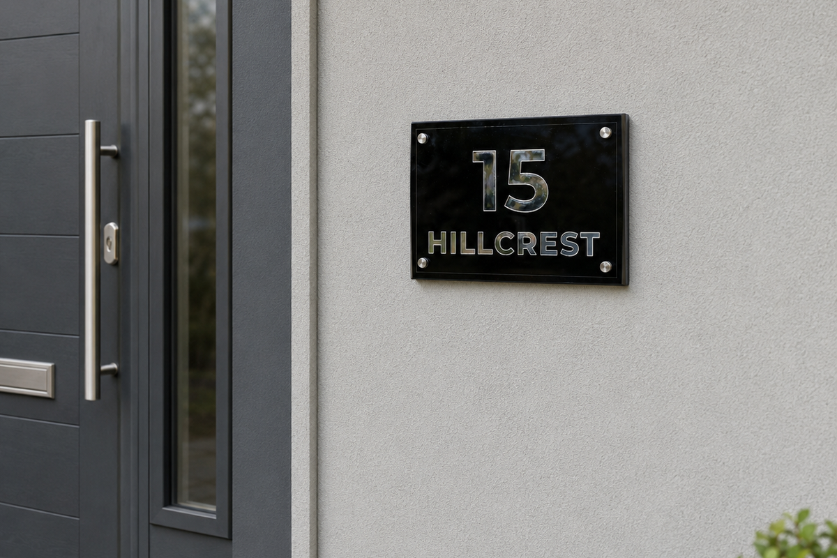 A black rectangular house number plaque reading '15 HILLCREST' mounted on a light gray stucco wall next to a dark gray front door.lumorastudio.ie lumora craft studio