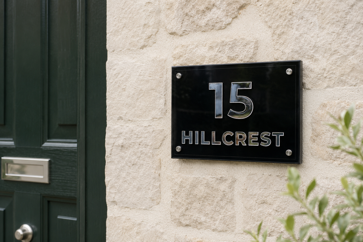 A black rectangular house number plaque with silver metallic numerals and the word 'HILLCREST' mounted on a light beige stone wall next to a dark lumorastudio.ie lumora craft studiogreen door.