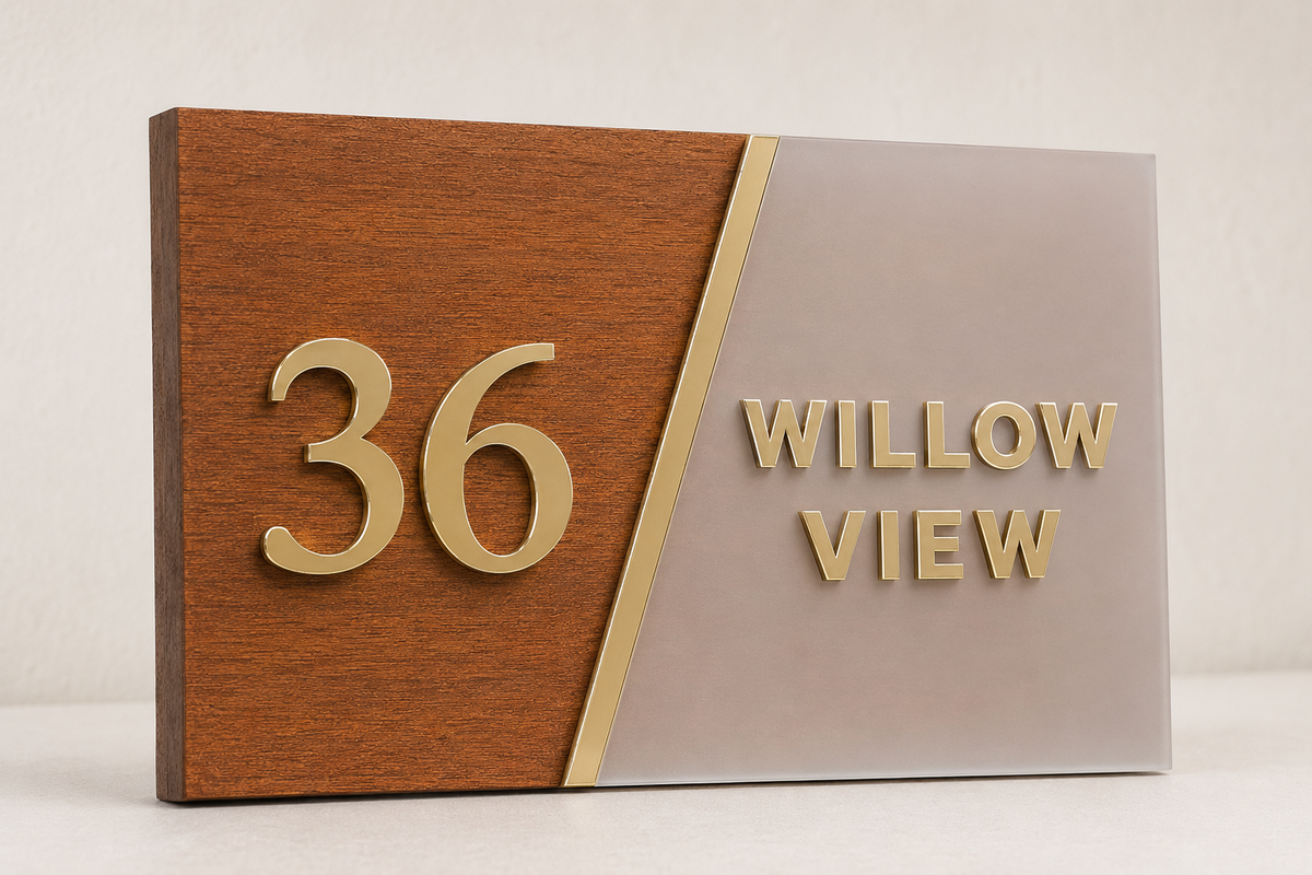 A modern house number plaque with a split design: a warm brown wood panel on the left displaying the raised gold number 36, and a frosted light gray panel on the right with the raised gold text 'WILLOW VIEW'. A thin gold diagonal stripe divides the two sections.lumorastudio.ie lumora craft studio