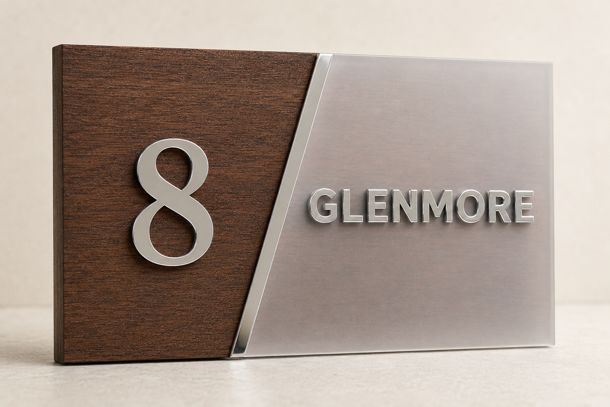 A modern house number and name plaque with a split design: a dark brown wood-grain panel on the left holding the silver number 8, and a brushed silver metal panel on the right with the name GLENMORE in raised silver letters, shown on a light neutral background.lumorastudio.ie lumora craft studio