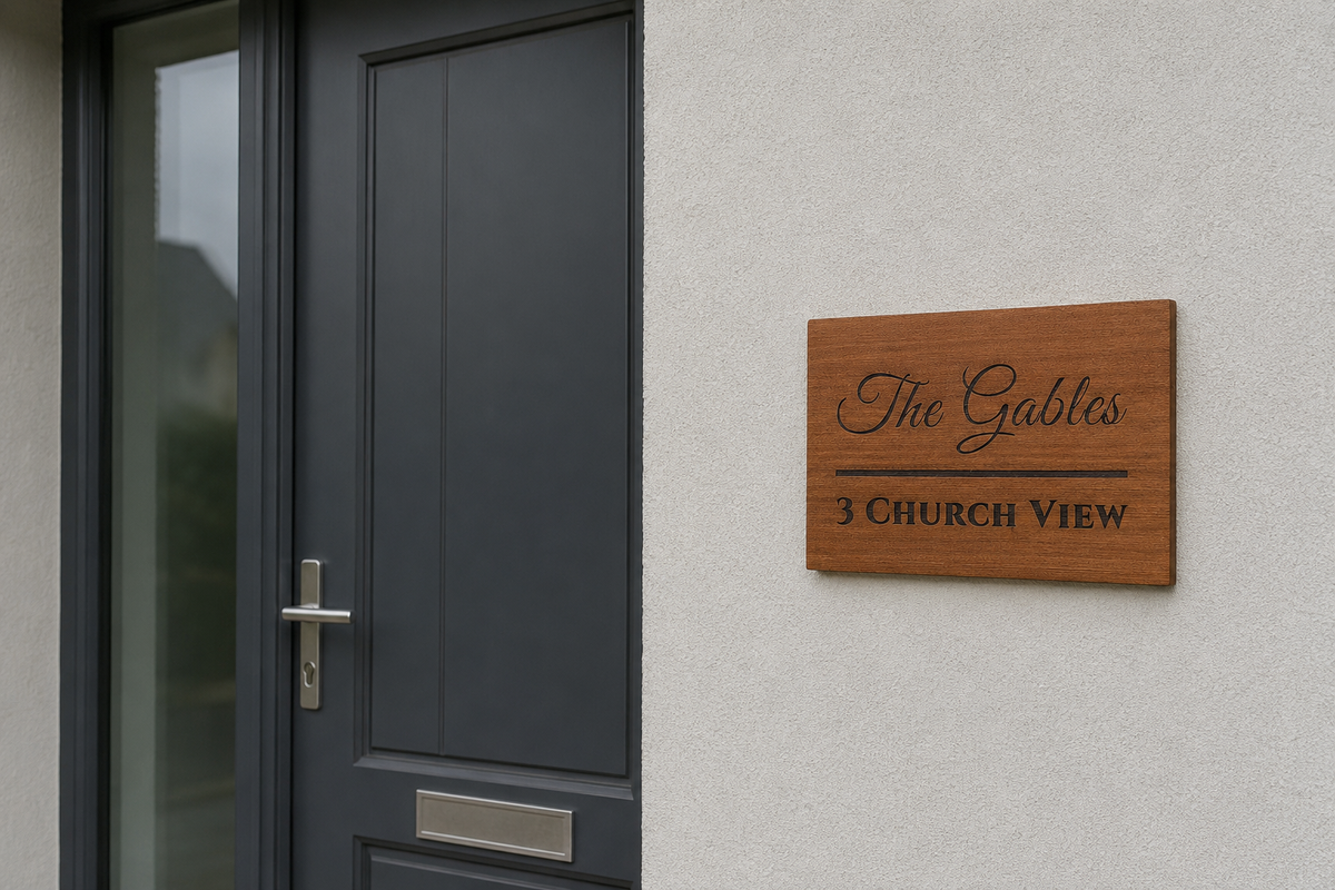 A rectangular wooden house sign with black script reading 'The Gables' and '3 CHURCH VIEW' mounted on a light gray stucco wall next to a dark charcoal front door.lumorastudio.ie lumora craft studio