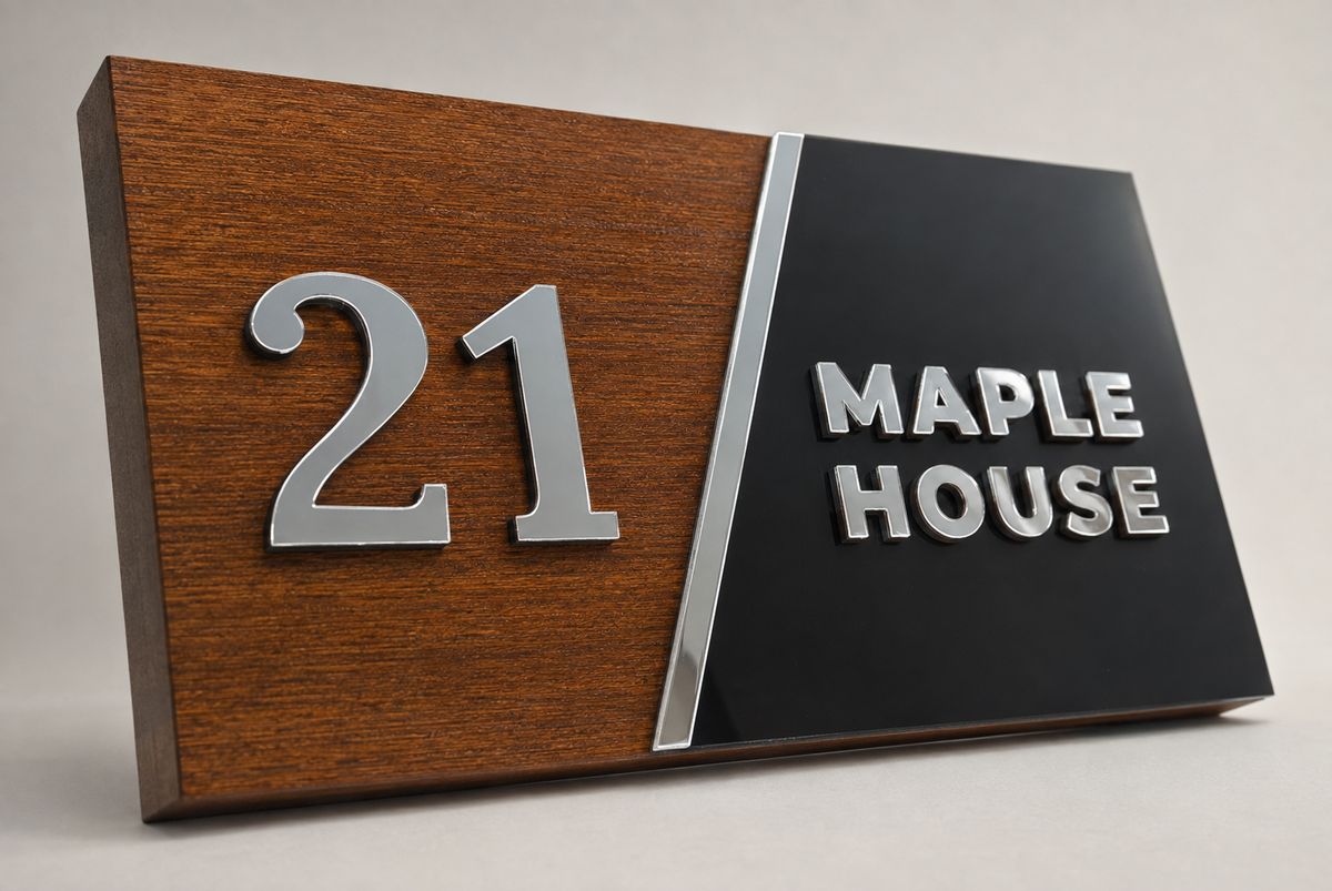A modern house name sign with a split design: the left half is warm brown wood with raised silver numerals reading 21, and the right half is black with raised silver text reading MAPLE HOUSE, separated by a slim metallic divider.lumorastudio.ie lumora craft studio