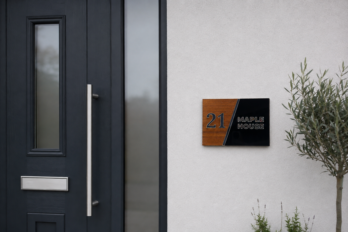 A modern house number and name plaque mounted on a textured white wall next to a dark charcoal front door. The plaque features a diagonal split design with a warm wood-grain finish on the left and a matte black finish on the right, displaying the number '21' and the text 'MAPLE HOUSE'.lumorastudio.ie lumora craft studio