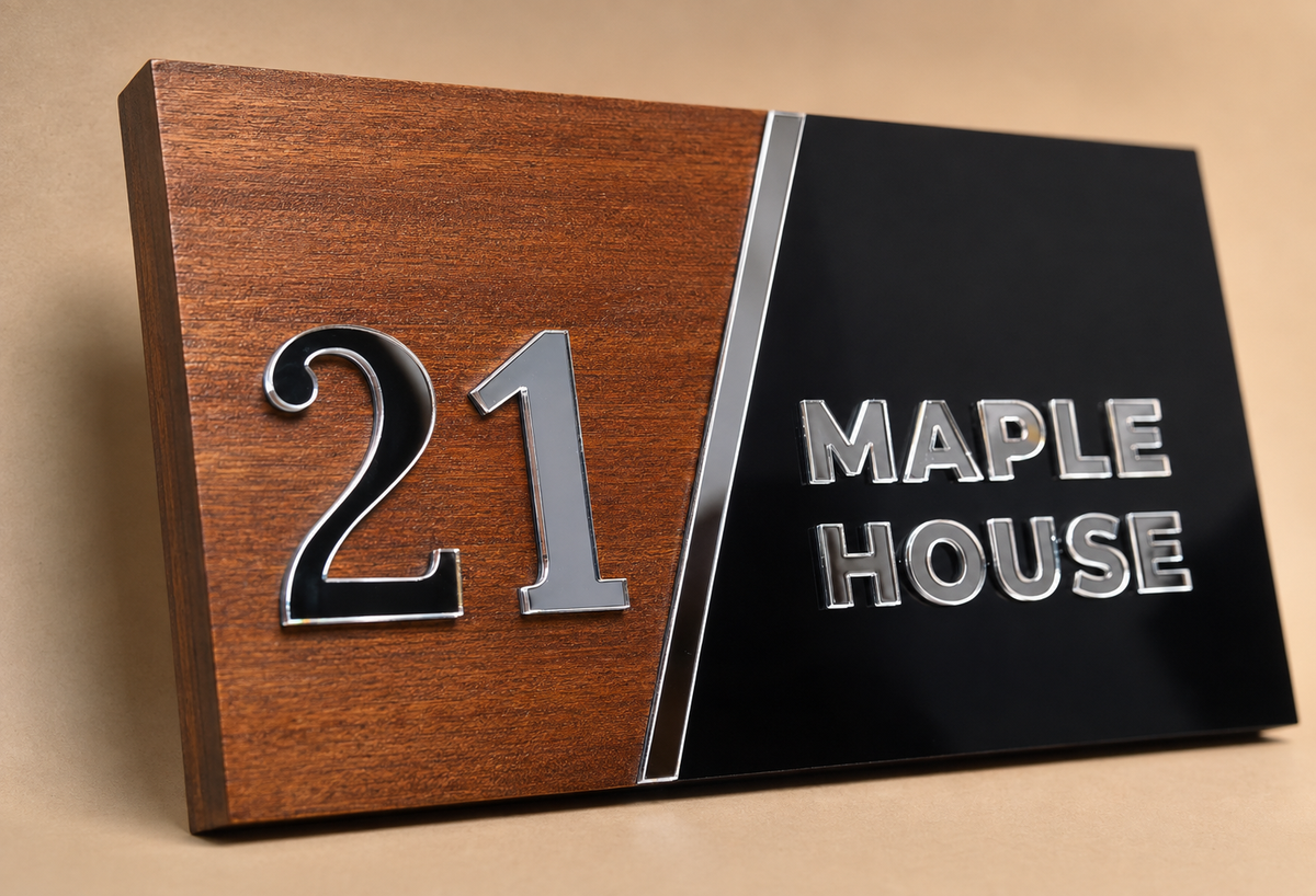 A custom house number sign for '21 Maple House' featuring a split design with a warm brown wood grain panel on the left and a glossy black panel on the right, both with raised silver metallic lettering.lumorastudio.ie lumora craft studio