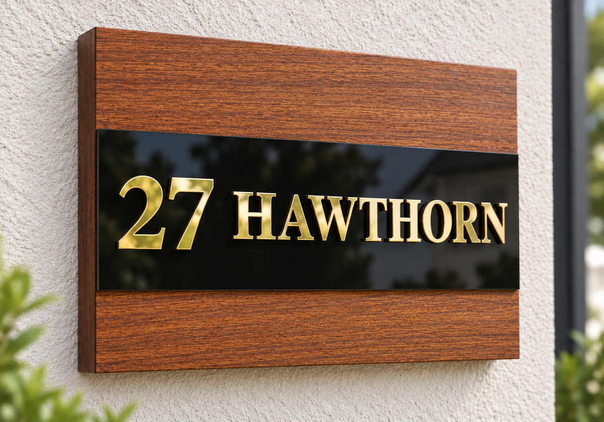 A custom wooden house number sign mounted on a textured stucco wall. The sign features a warm brown wood-grain frame with a glossy black center panel displaying the gold raised text '27 HAWTHORN'.lumorastudio.ie lumora craft studio