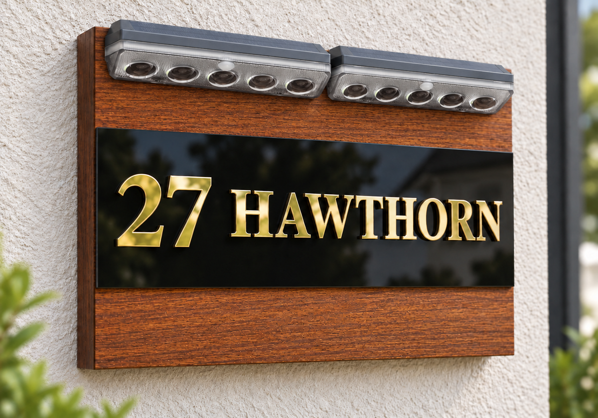A custom house number sign mounted on a textured stucco wall. The sign features a warm brown wood-grain frame, a glossy black center panel, and raised gold lettering that reads '27 HAWTHORN'.lumorastudio.ie lumora craft studio