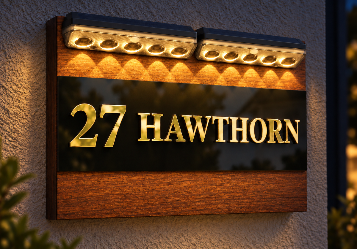 A custom outdoor house number sign reading '27 HAWTHORN' in raised gold lettering on a black background, mounted on a textured beige stucco wall. The sign features a dark wood top and bottom border, warm LED lighting integrated at the top, and is framed by soft-focus green foliage at the bottom corners.lumorastudio.ie lumora craft studio
