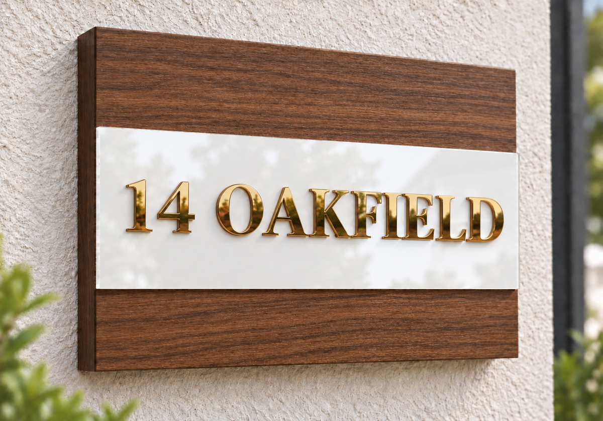 A rectangular wooden house sign mounted on a textured stucco wall, featuring a white horizontal center panel with raised metallic gold lettering that reads “14 OAKFIELD.”.lumorastudio.ie lumora craft studio