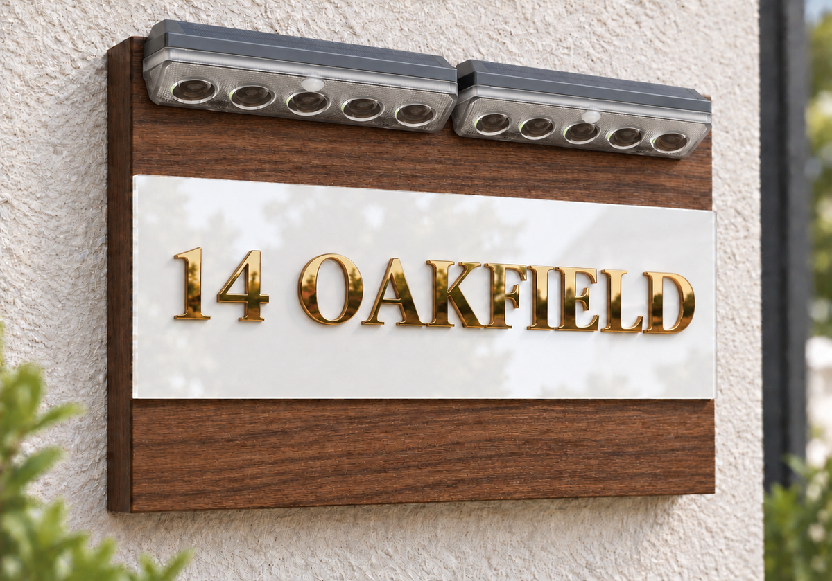 A custom outdoor house number sign reading '14 OAKFIELD' in raised gold letters on a white background, mounted on a dark wood plaque with two built-in LED light bars at the top, shown mounted on a stucco wall.lumorastudio.ie lumora craft studio