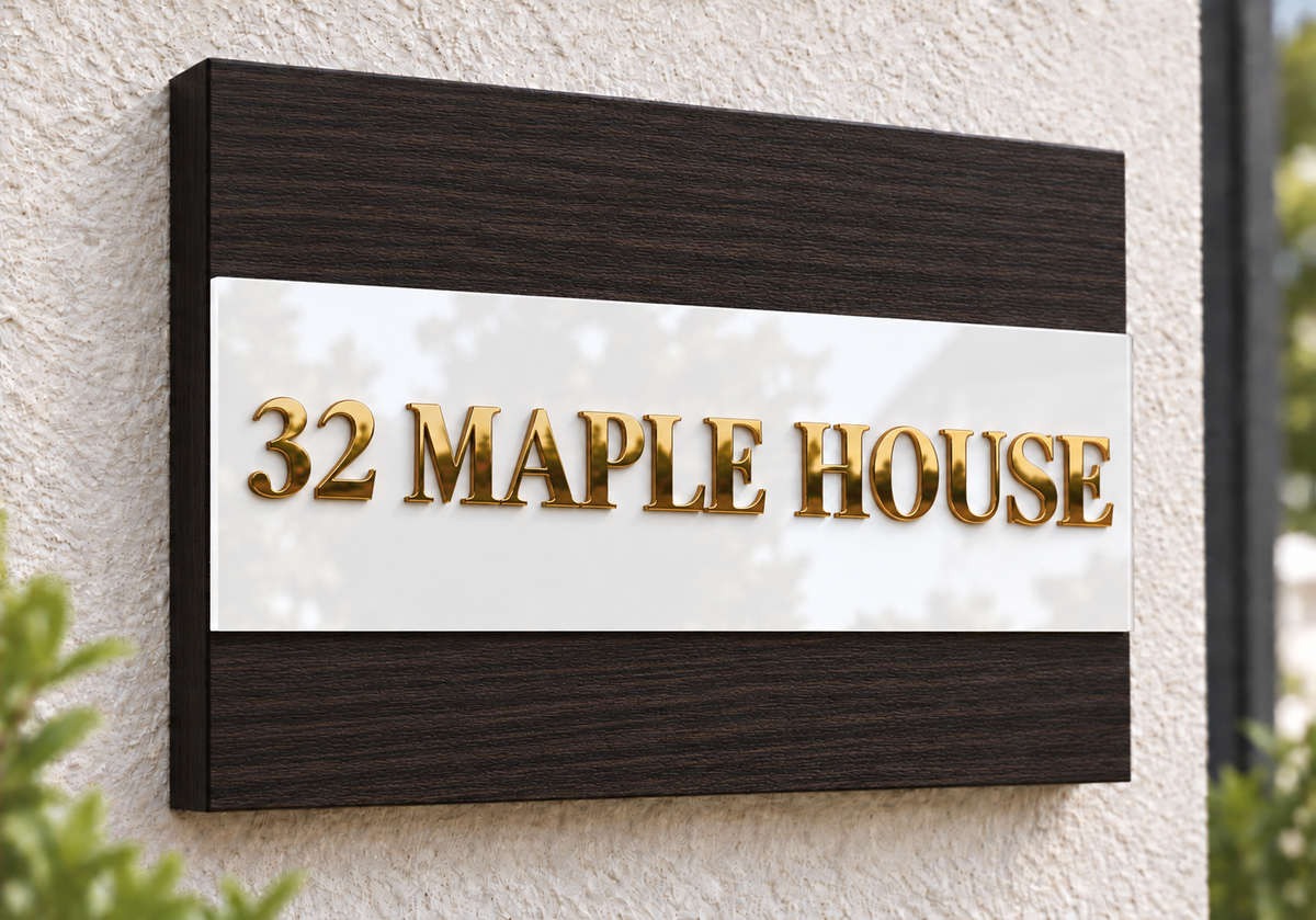 A custom house sign featuring the text '32 MAPLE HOUSE' in raised gold letters on a white horizontal band, framed by dark wood-grain borders, mounted on a textured beige stucco wall.lumorastudio.ie lumora craft studio