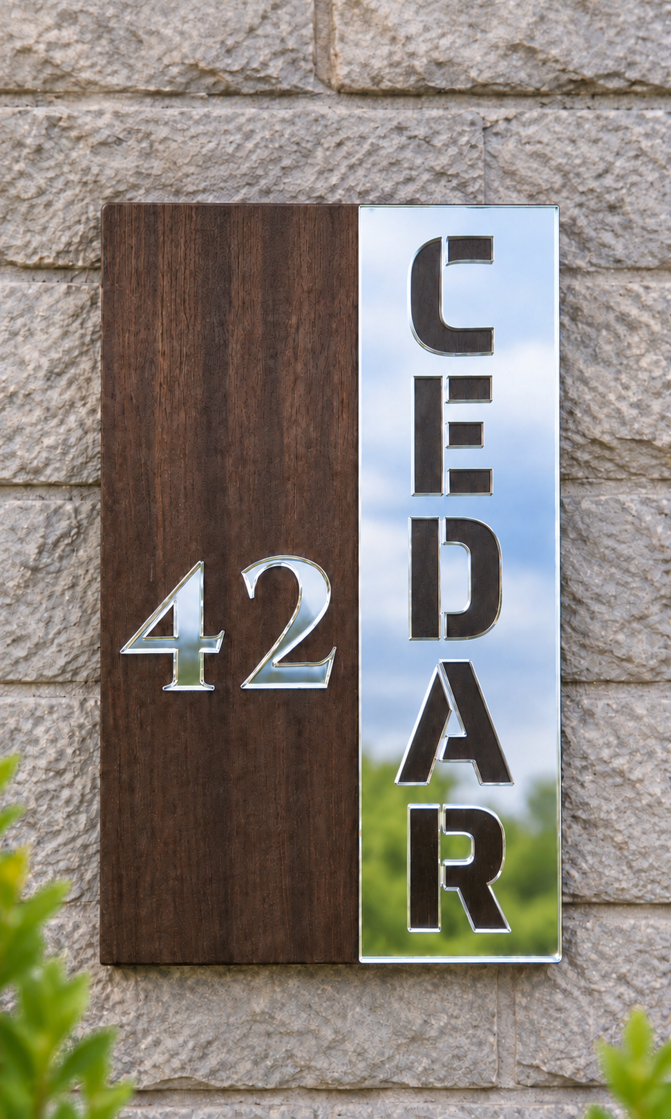 A vertical house exterior sign mounted on a stone wall, split into two sections: a dark brown wood panel with the number 42 in metallic silver, and a mirrored vertical panel spelling CEDAR with black letters reflecting blue sky and green foliage.