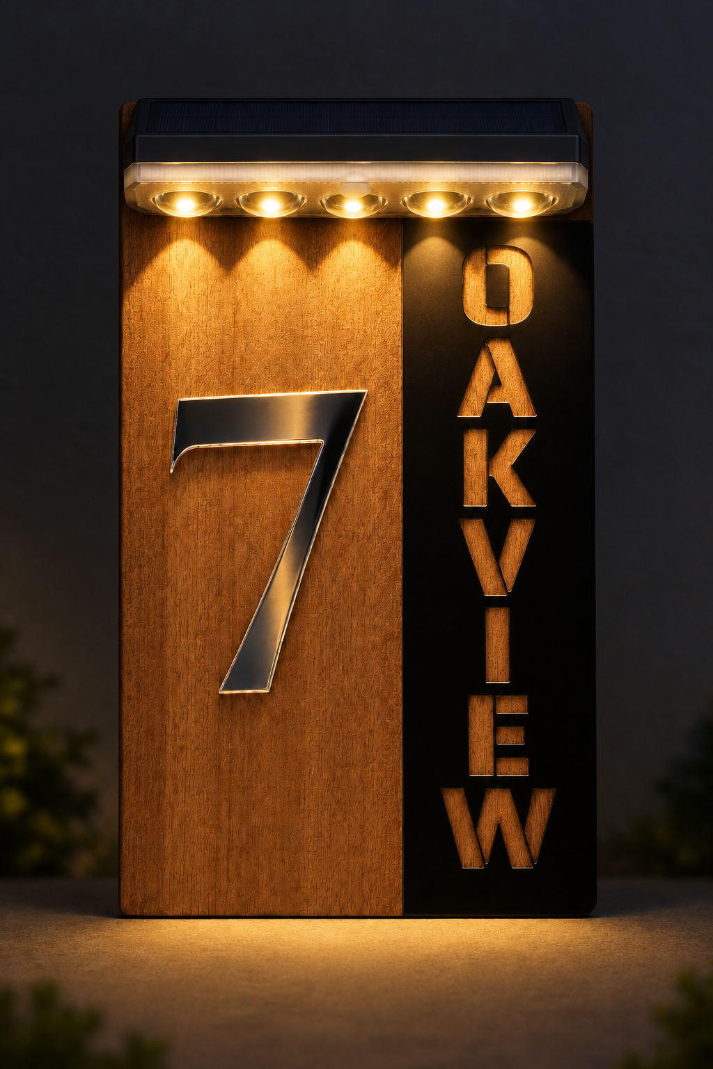 A modern house number light sign displaying '7' on a wood-grain panel next to vertical 'OAKVIEW' lettering on a black panel, illuminated by built-in LED lights at the top against a dark outdoor background.Lumora Craft Studio, lumorastudio.ie