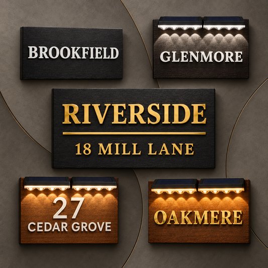 Five custom house numbers and street names displayed on rectangular outdoor signs against a textured gray wall. The signs include Brookfield, Glenmore, Riverside 18 Mill Lane, 27 Cedar Grove, and Oakmere, with different finishes in black, gold, and bronze.lumorastudio.ie lumora craft studioPersonalised sapele wood house plaque with raised acrylic lettering