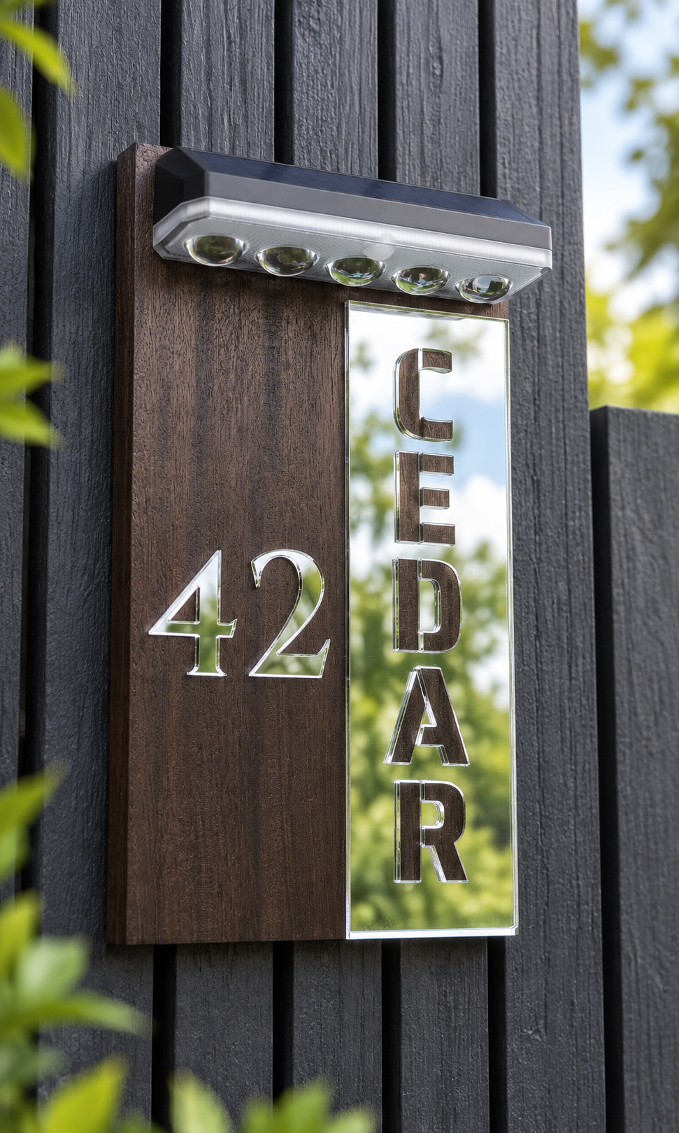 A modern house number and name sign mounted on a dark gray wooden fence. The sign is split vertically: the left half is dark brown wood with the silver number '42', and the right half is a mirrored vertical panel showing the name 'CEDAR' in raised silver letters.Lumora Craft Studio, lumorastudio.ie