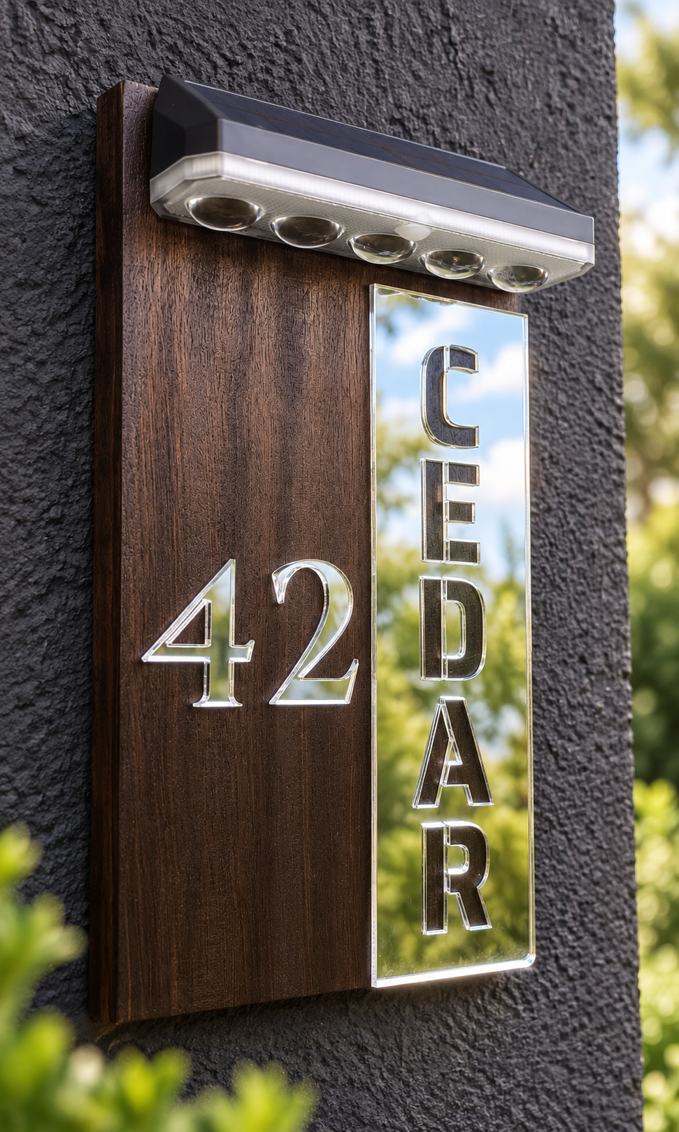 A modern house number and name wall mounted on a dark textured wall, featuring a dark wood panel with the number 42 in silver and a vertical mirrored panel spelling CEDAR with silver letters, topped with a solar-powered light bar.Lumora Craft Studio, lumorastudio.ie