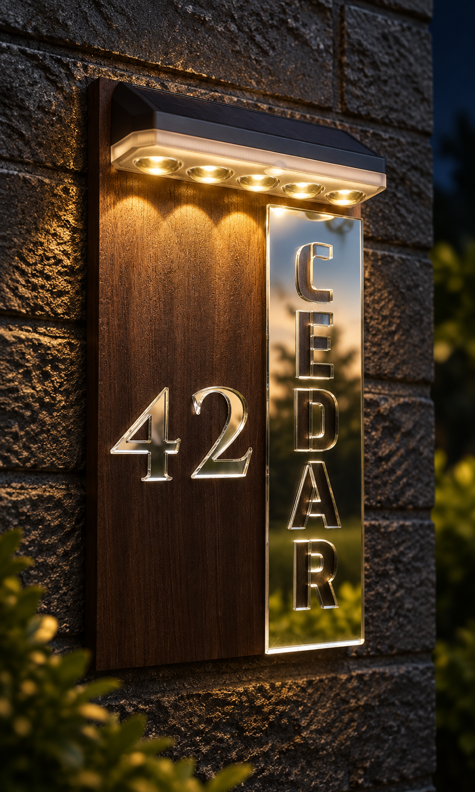 A modern house number light sign mounted on a dark stone wall at night. The sign features a dark wood panel with the number 42 in silver, next to a vertical mirrored panel spelling CEDAR in silver, both illuminated by warm white LED lights from an integrated top light bar.Lumora Craft Studio, lumorastudio.ie
