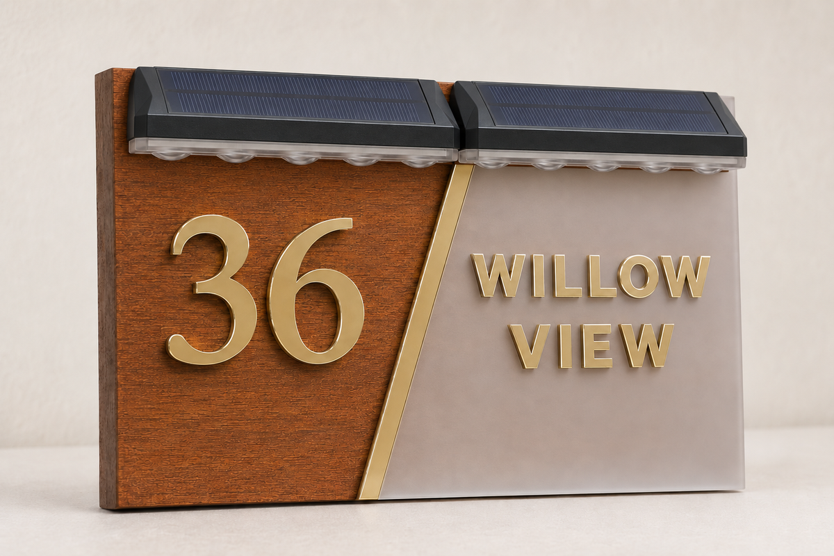 A custom house number sign with a split design: wood grain on the left with raised gold '36' and a gold diagonal stripe, and a frosted light-gray panel on the right with gold 'WILLOW VIEW' text. Solar panels are mounted on top.lumorastudio.ie lumora craft studio