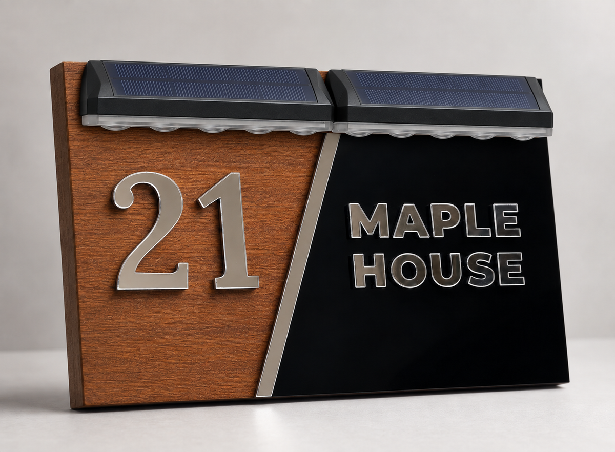 A modern house number sign with a split design: the left half is warm brown wood with raised silver '21' lettering, and the right half is glossy black with raised silver 'MAPLE HOUSE' lettering. Solar panels run along the top like a roof, and the sign stands on a light gray surface against a neutral background.lumorastudio.ie lumora craft studio