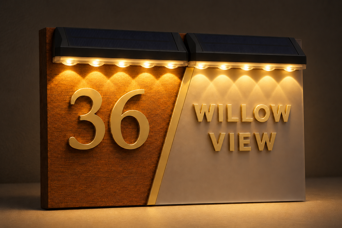 A modern house number and text light sign reading '36' and 'WILLOW VIEW,' shown lit against a dark background. The left panel is woodgrain with gold-toned numerals, and the right panel is white with gold-toned lettering under a dark solar-style roof.lumorastudio.ie lumora craft studio