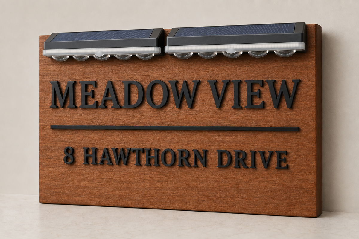 A custom wooden house sign for 'MEADOW VIEW 8 HAWTHORN DRIVE' with raised black lettering on a warm brown wood-grain panel, featuring integrated solar lights at the top, shown against a neutral beige background.lumorastudio.ie lumora craft studio
