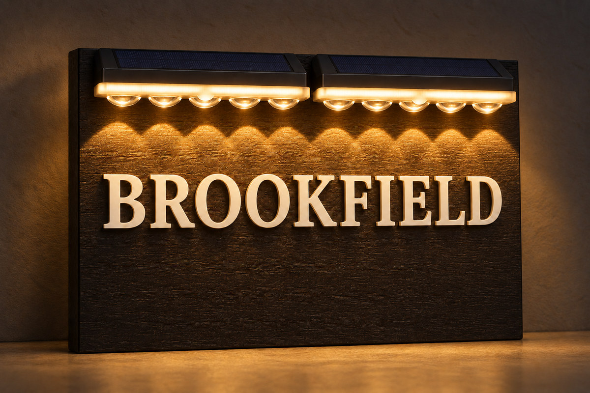 A rectangular outdoor wall sign with the word BROOKFIELD in large raised letters, mounted on a dark textured panel with integrated solar-powered LED lights above, shown against a warm brown wall and floor.lumorastudio.ie lumora craft studio