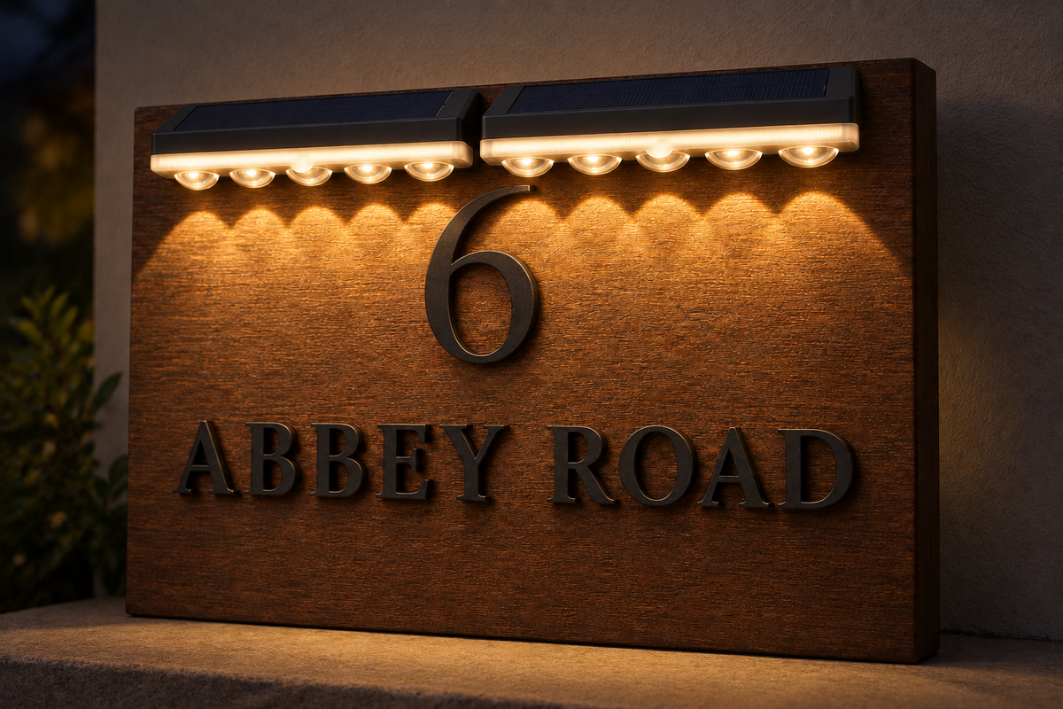 A custom outdoor house number sign featuring the number 6 and the text 'ABBAY ROAD' in dark metal lettering on a textured wood panel, illuminated by built-in solar-powered LED lights.lumorastudio.ie lumora craft studio