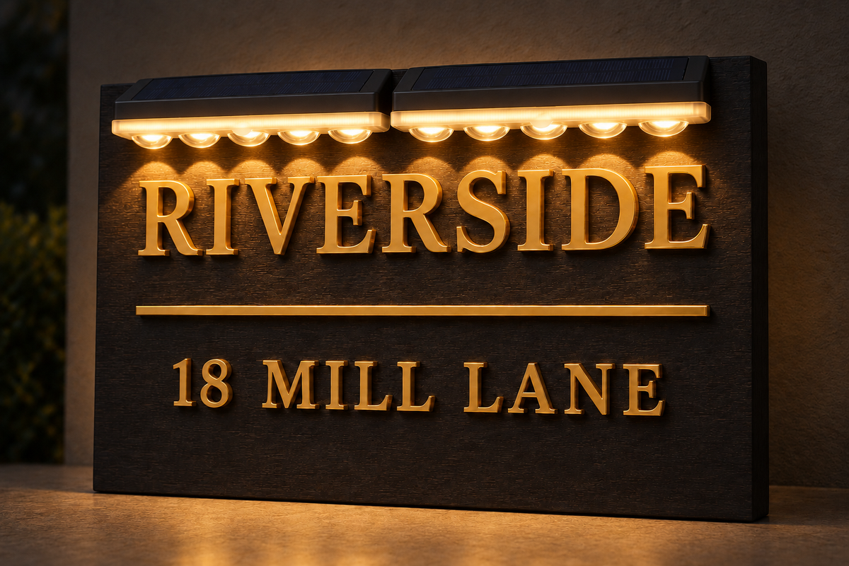A rectangular outdoor house sign with a dark charcoal stone-look face, raised gold lettering reading 'RIVERSIDE' and '18 MILL LANE,' plus warm integrated lights above and below, shown mounted against a wall.lumorastudio.ie lumora craft studio