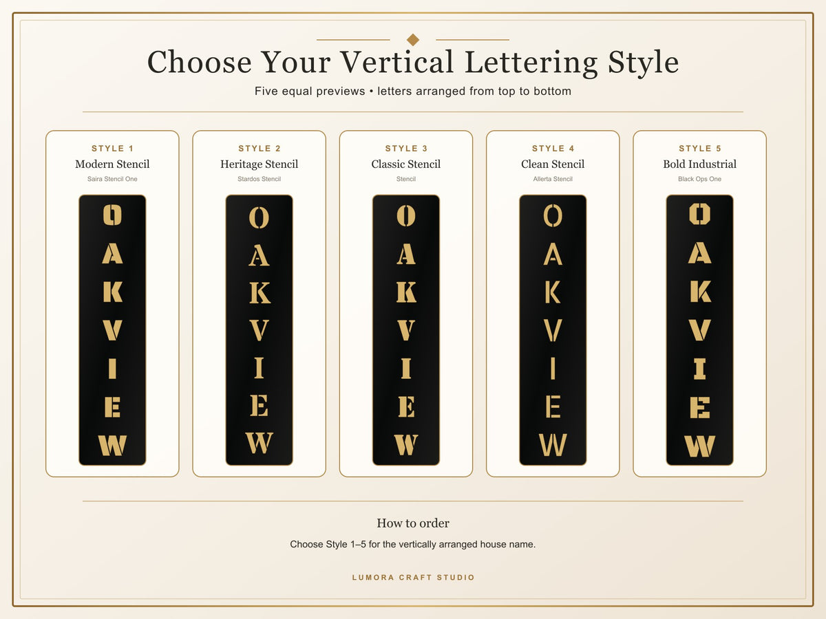A digital preview graphic showing five vertical lettering style options for the word 'OAKVIEW' in gold on a black rectangular sample, with labels Style 1 through Style 5 and the heading 'Choose Your Vertical Lettering Style' on a beige background.Lumora Craft Studio, lumorastudio.ie