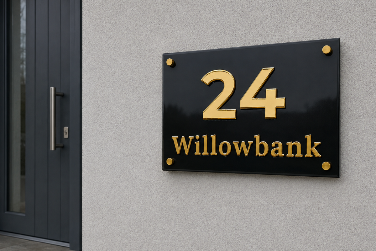 A black rectangular house number plaque with gold lettering reading '24 Willowbank' mounted on a light gray stucco wall next to a dark gray door.Personalised acrylic house plaque with raised acrylic letteringlumorastudio.ie lumora craft studio
