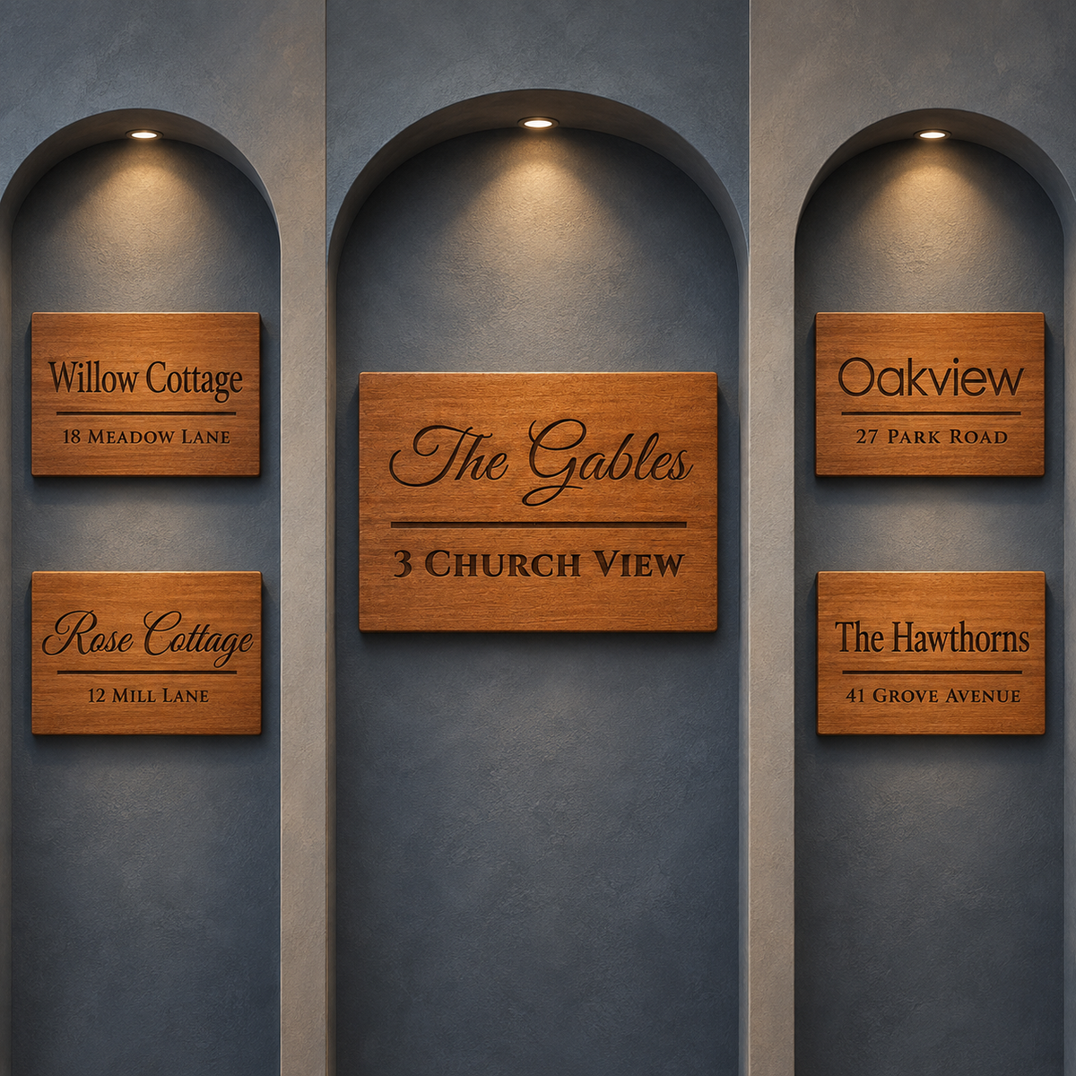 Four rectangular wooden house sign plaques mounted on a textured blue-gray wall within arched alcoves. The center plaque reads 'The Gables 3 CHURCH VIEW' and the surrounding plaques read 'Willow Cottage 18 MEADOW LANE', 'Rose Cottage 12 MILL LANE', and 'Oakview 27 PARK ROAD' and 'The Hawthorns 41 GROVE AVENUE'.lumorastudio.ie lumora craft studio