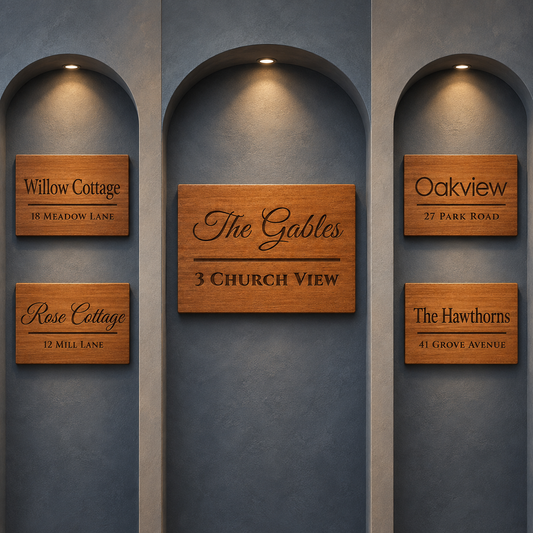 Four rectangular wooden house sign plaques mounted on a textured blue-gray wall within arched alcoves. The center plaque reads 'The Gables 3 CHURCH VIEW' and the surrounding plaques read 'Willow Cottage 18 MEADOW LANE', 'Rose Cottage 12 MILL LANE', and 'Oakview 27 PARK ROAD' and 'The Hawthorns 41 GROVE AVENUE'.lumorastudio.ie lumora craft studio