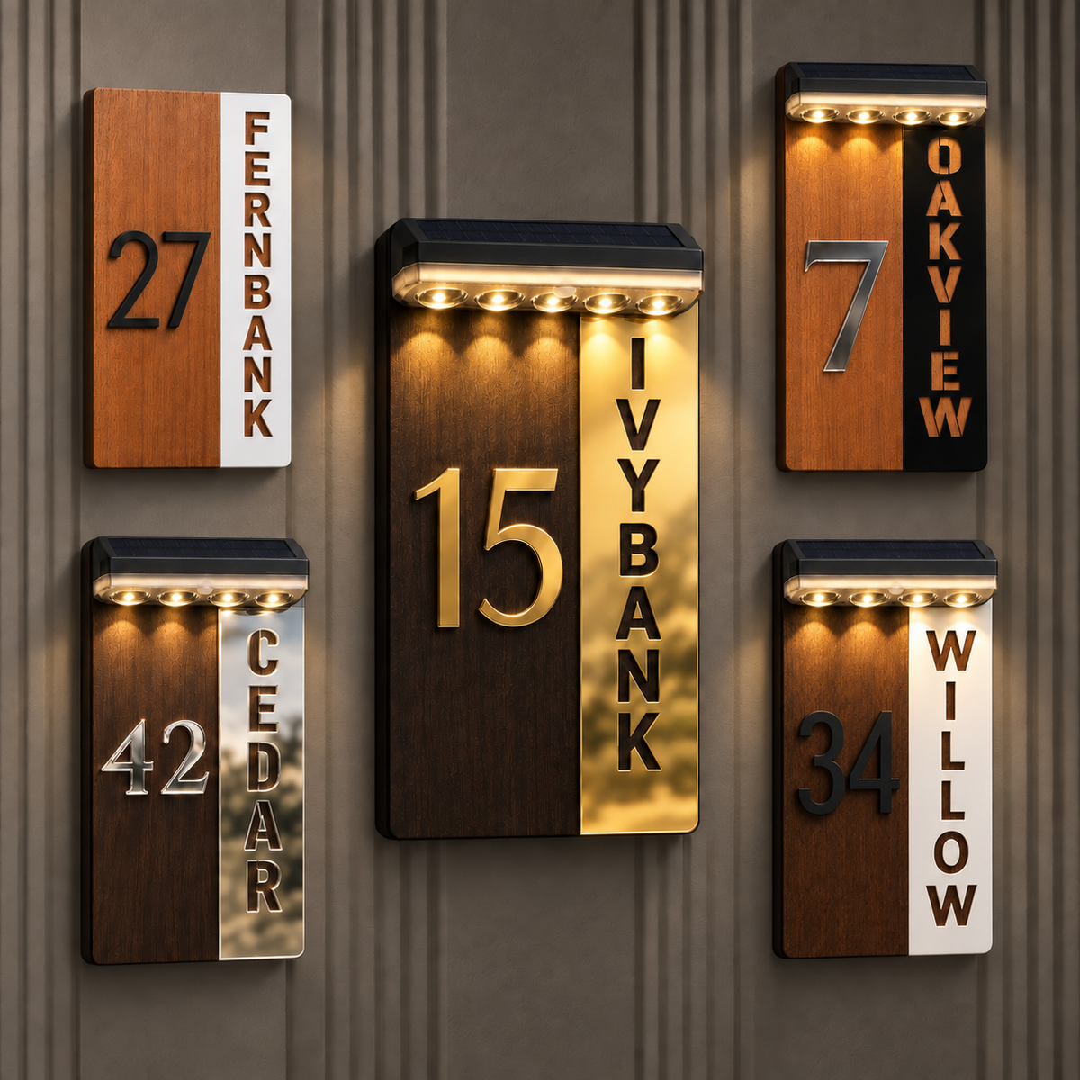 Vertical wood and acrylic house plaque with solar light fitted