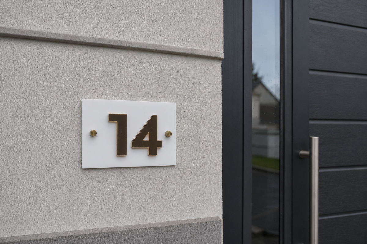 Modern house exterior showing a white rectangular house number plaque with gold numerals '14' mounted on a light gray textured wall next to a dark charcoal door with a vertical metal lumorastudio.ie lumora craft studiohandle.