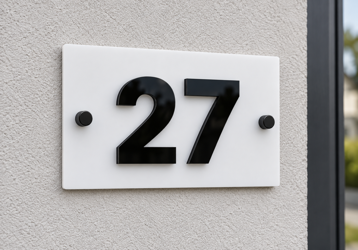Modern house number 27 plaque in glossy black on a white rectangular background, mounted on a textured light gray stucco wall.lumorastudio.ie lumora craft studio