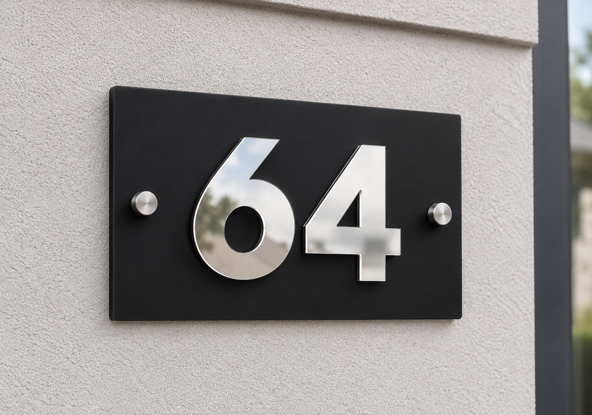 A modern black rectangular house number plaque with raised silver numerals '64' mounted on a textured light gray exterior wall.lumorastudio.ie lumora craft studio
