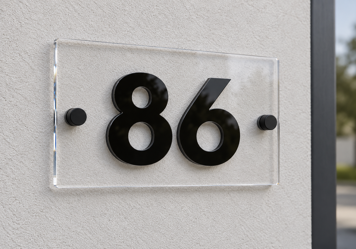 A modern acrylic house number plaque displaying '86' in glossy black, mounted on a textured off-white stucco wall.lumorastudio.ie lumora craft studio