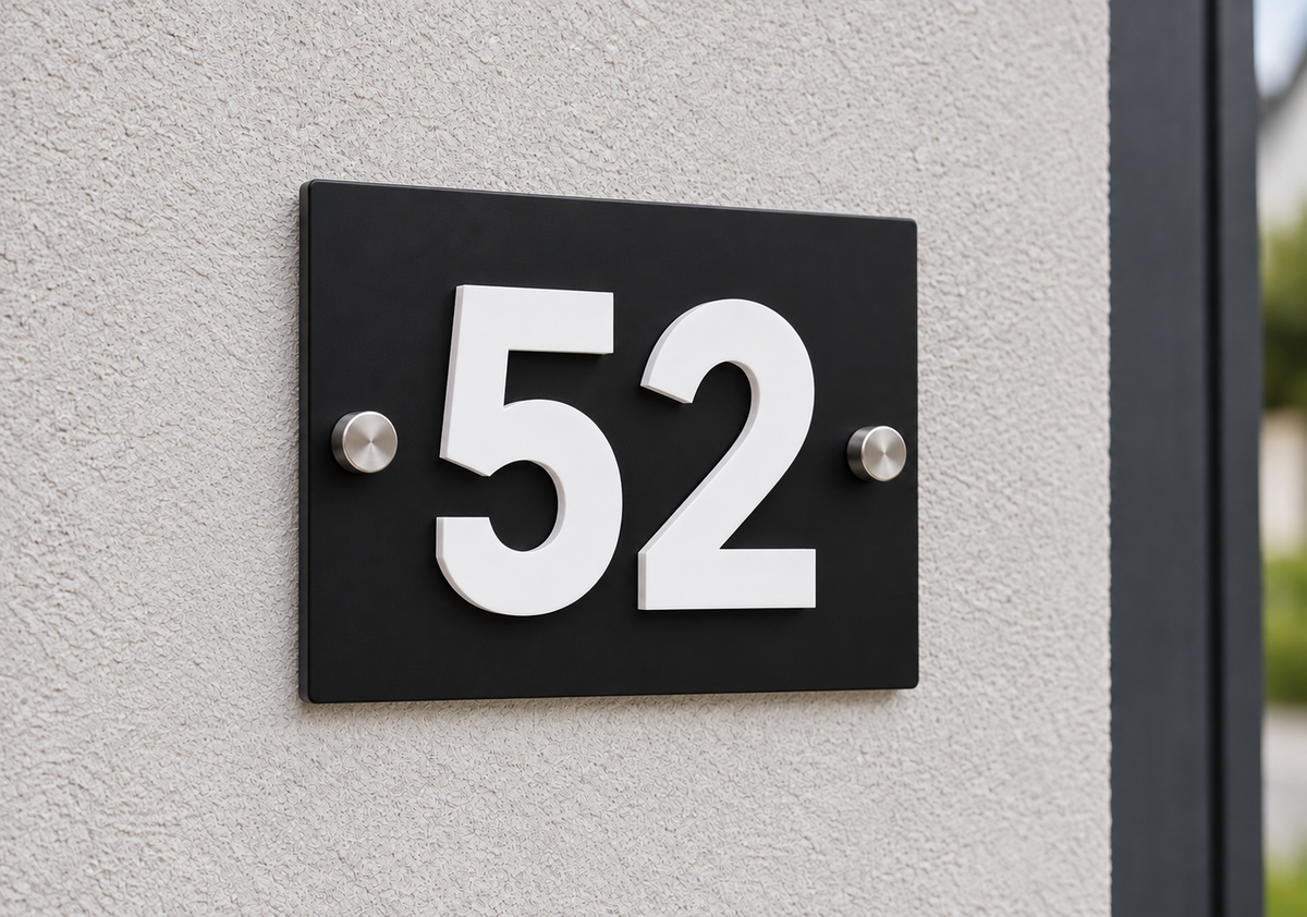 A modern black house number plaque with raised white numerals '52' mounted on a textured light gray exterior wall.lumorastudio.ie lumora craft studio