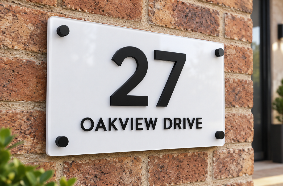 A modern white rectangular house number sign with black lettering reading '27 OAKVIEW DRIVE', mounted on a red-brown brick wall.lumorastudio.ie lumora craft studio