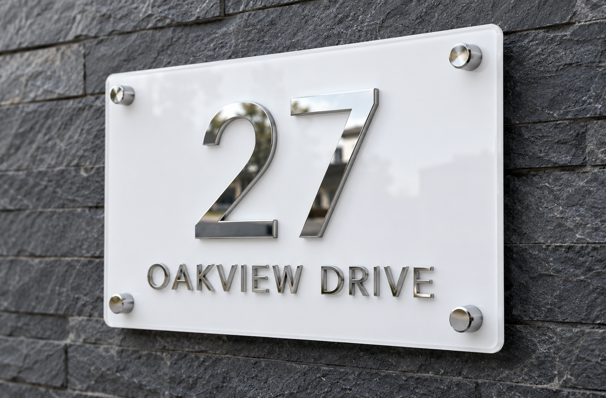 A modern white acrylic house number sign mounted on a dark gray stone wall. The sign features the number '27' in large, polished chrome letters above the text 'OAKVIEW DRIVE' in smaller, matching chrome letters, secured by four silver corner screws.lumorastudio.ie lumora craft studio