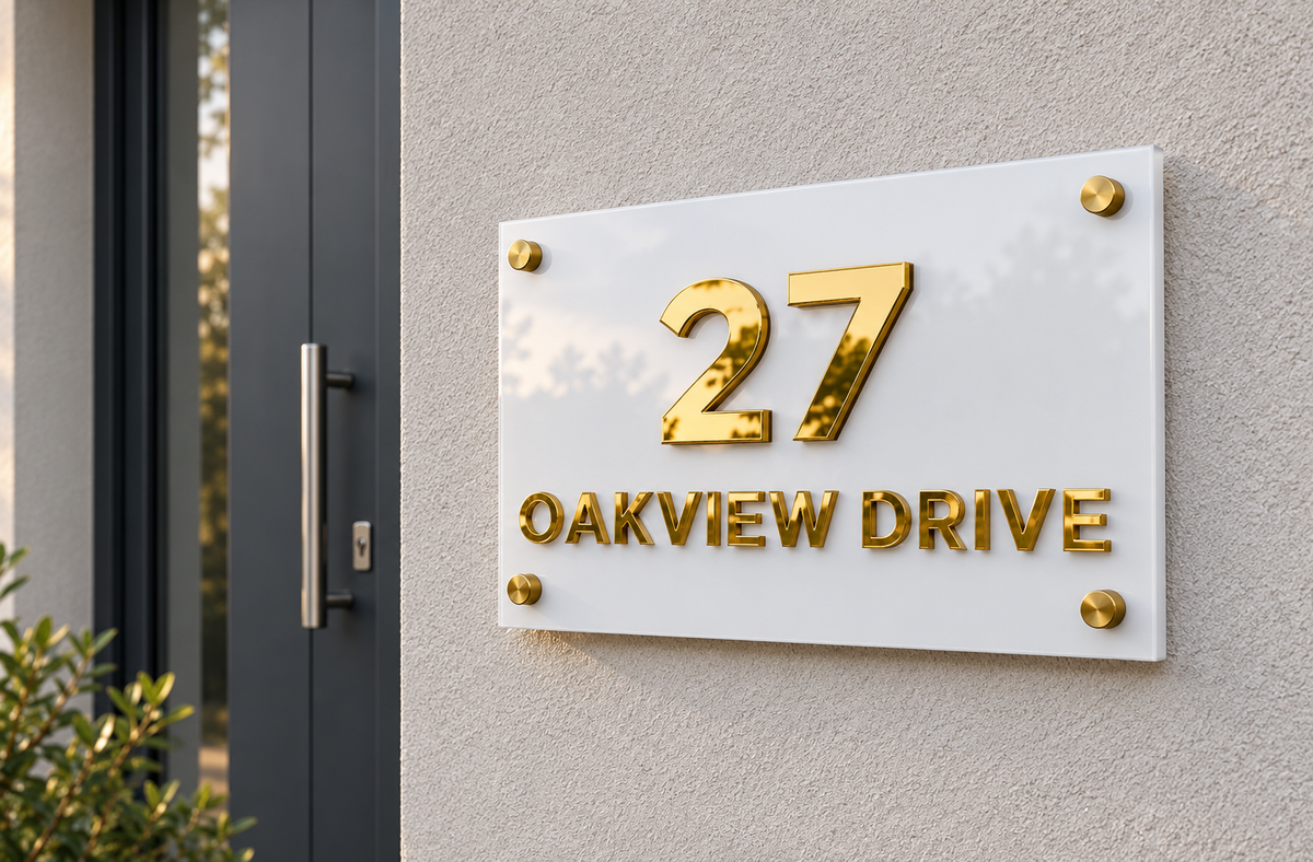 A modern white rectangular house number sign with gold lettering reading '27 OAKVIEW DRIVE', mounted on a textured beige stucco wall next to a dark gray door.lumorastudio.ie lumora craft studio