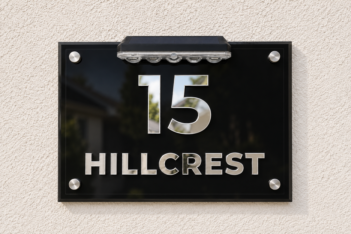 A black acrylic house number plaque mounted on a textured beige wall, featuring the number 15 in metallic silver with the word HILLCREST below it.lumorastudio.ie lumora craft studio