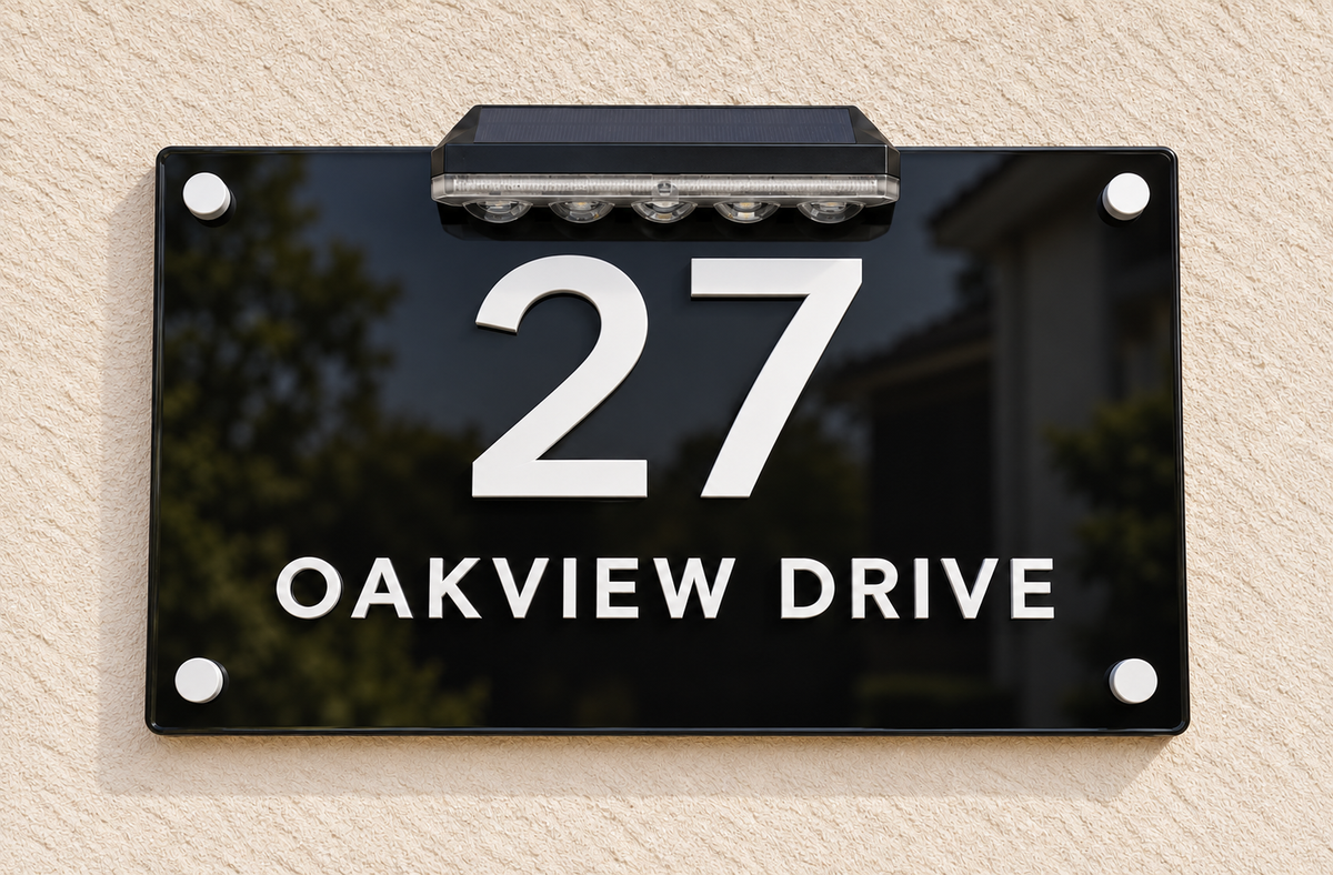 A black rectangular house number sign mounted on a beige stucco wall. The sign displays the number 27 in large white font, with the text 'OAKVIEW DRIVE' below in white.lumorastudio.ie lumora craft studio