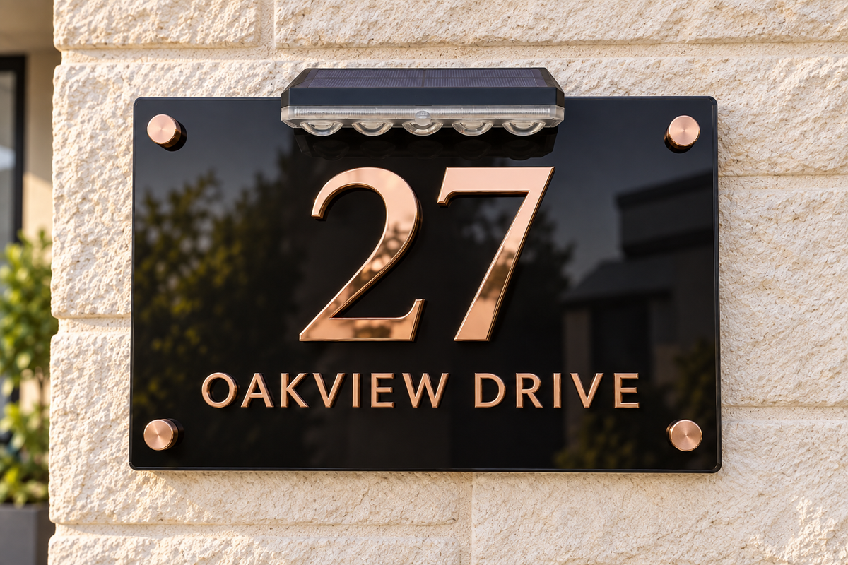 A modern black house number plaque mounted on a beige stone wall, featuring the number 27 in rose gold and the text 'OAKVIEW DRIVE' below in matching rose gold lettering.lumorastudio.ie lumora craft studio