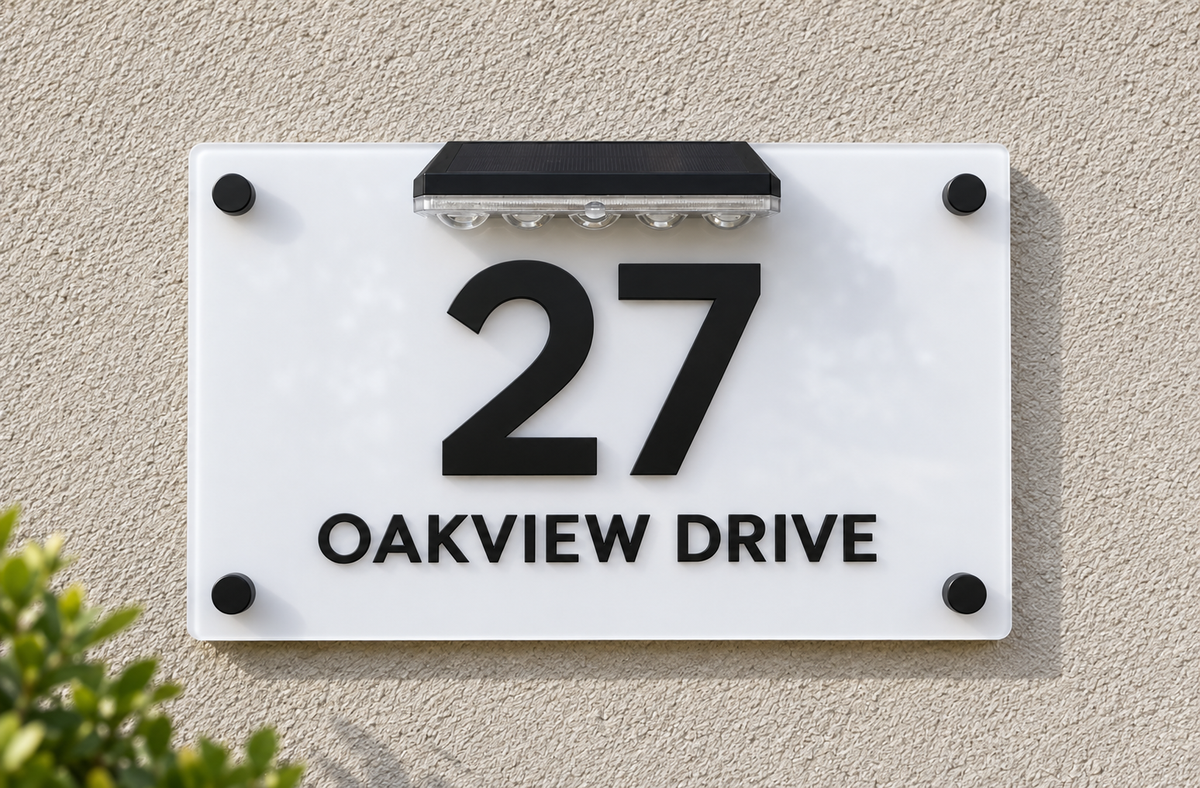 A modern white acrylic house number sign mounted on a beige stucco wall, featuring the number 27 and the text 'OAKVIEW DRIVE' in black, with an integrated black LED light bar at the top.lumorastudio.ie lumora craft studio