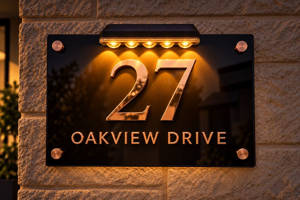 A black rectangular house number plaque mounted on a beige stone wall, illuminated by built-in warm lights. The plaque displays the number 27 in large metallic gold numerals above the words 'OAKVIEW DRIVE' in gold lettering.lumorastudio.ie lumora craft studio