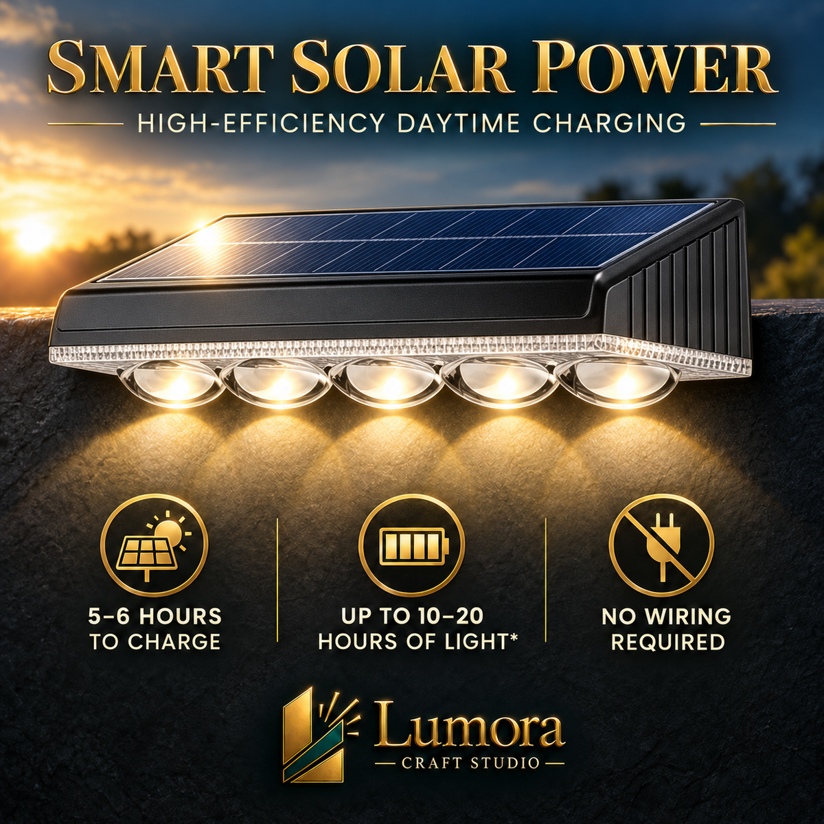 Lumora Craft Studio smart solar power outdoor light fixture with four bright LED lights, shown mounted on a dark stone wall at sunset. The image features marketing text highlighting high-efficiency daytime charging, 5-6 hours to charge, up to 10-20 hours of light, and no wiring required.