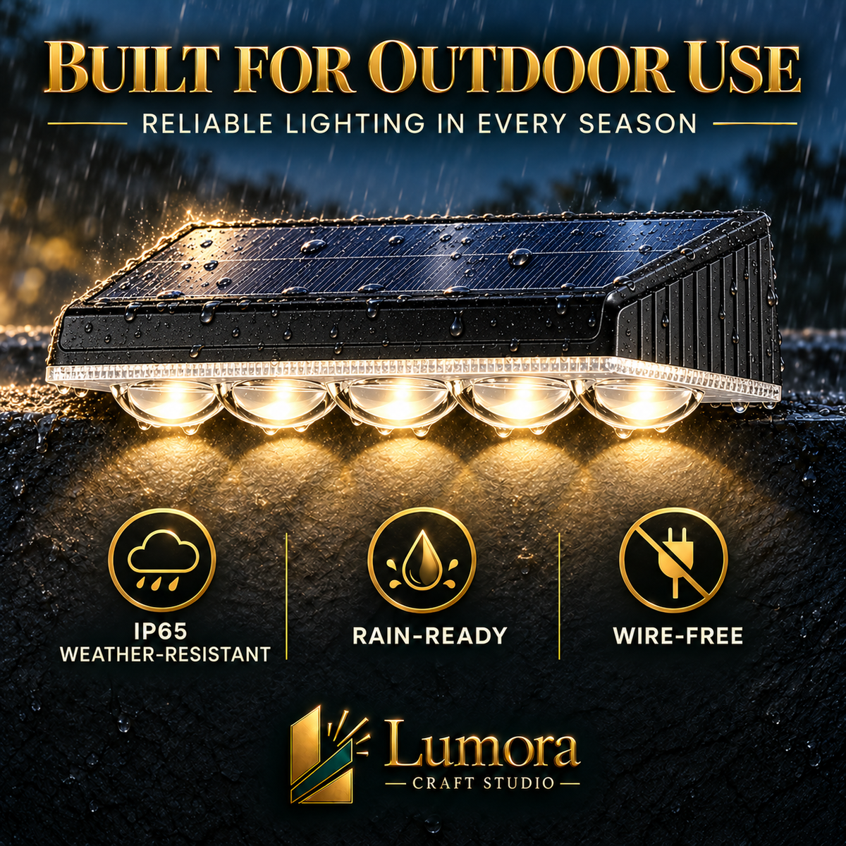 Outdoor solar-powered LED light fixture with a dark textured top panel, shown glowing with five warm lights on a wet stone surface in the rain. Large text reads 'BUILT FOR OUTDOOR USE' and 'RELIABLE LIGHTING IN EVERY SEASON,' with feature icons for IP65 weather-resistant, rain-ready, and wire-free.lumorastudio.ie lumora craft studio